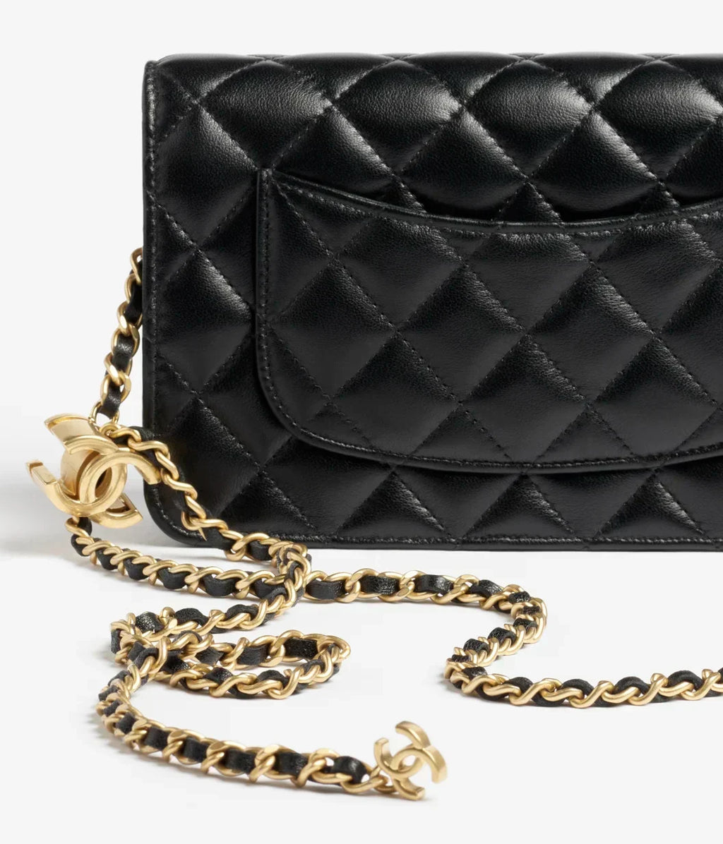Wallet On Chain Shiny Lambskin Pearls Gold Tone Metal-1-2