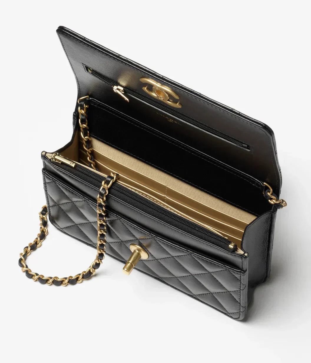 Wallet On Chain Shiny Lambskin Pearls Gold Tone Metal-1-2