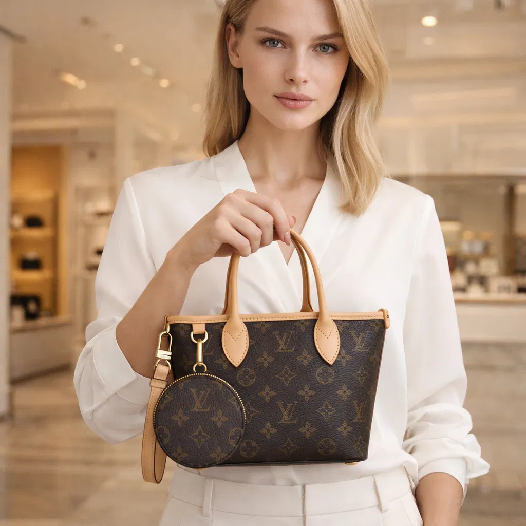 Classic Brown Leather Neverfull Handbag With Earphone Cover